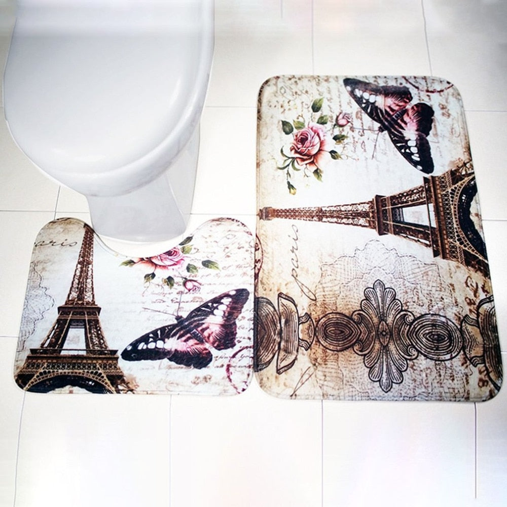 Paris Eiffel Tower Butterfly Non-Slip Bathroom Toilet Pedestal Rug + Bath Mat Absorbent Pad Decorative Supplies