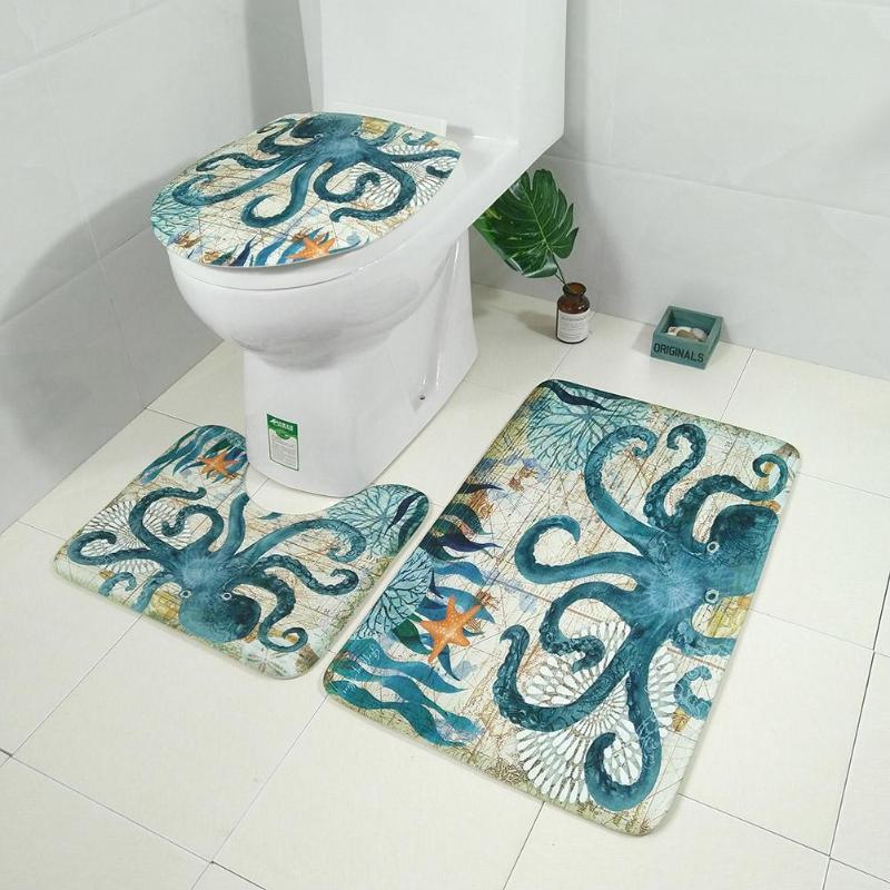 Bath Mats Ocean Animal Underwater World Anti Slip Bathroom Mat Set Floor Bath Mats Washable Bathroom Toilet Rugs