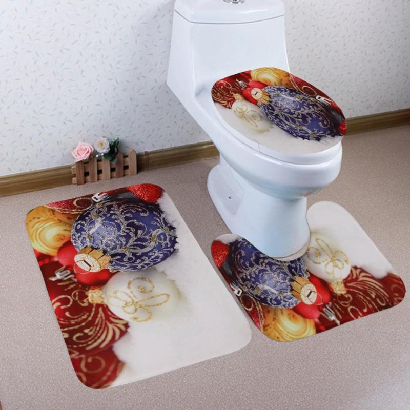 Christmas Pattern Anti-Slip Bath Mat Toilet Seat Cover Bathroom Rug