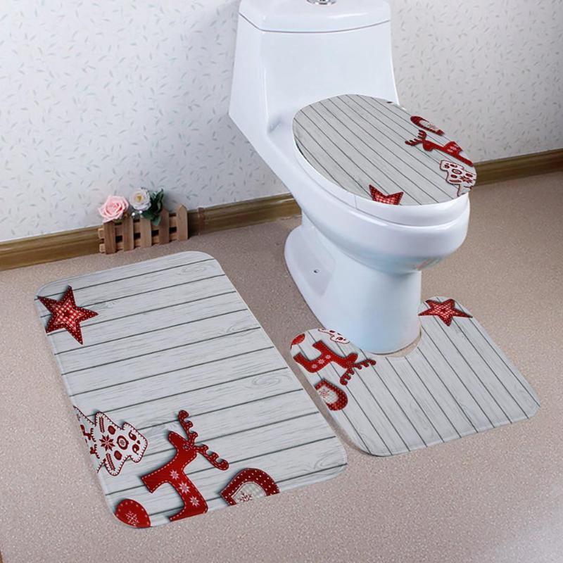 Bathroom Mat Set Christmas Printed Bathroom Rug Set Anti-Slip Bath Mat Toilet